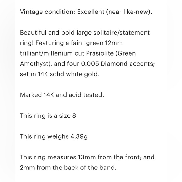 14K White Gold Prasiolite Ring: Trilliant Green Amethyst, Diamond Accent, Size 8 - Picture 12 of 12
